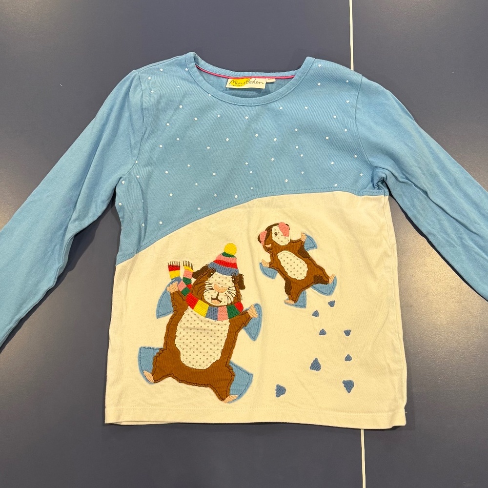 Size 7-8 Mini Boden Front & Back T-shirt in Surfboard Blue Guinea Pigs.